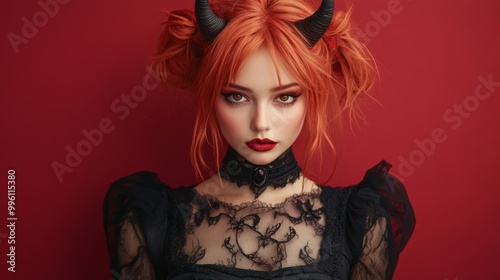 Dark Fantasy Demon Cosplay with Horns and Gothic Aesthetic in Red and Black photo