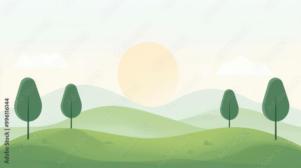 Fototapeta premium Green hills covered with newly planted trees, afforestation landscape, flat design illustration