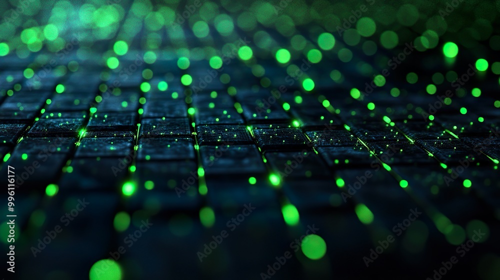Glowing Neon Green Gridlines Overlaid on Abstract Dark Geometric Design Background