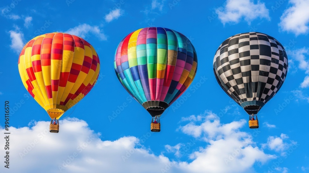 Three colorful hot air balloons against a bright blue sky with fluffy clouds. Three colorful hot air balloons against a bright blue sky with fluffy clouds.