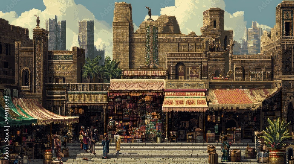 Obraz premium Pixelated Cityscape with Market Stalls and Figures