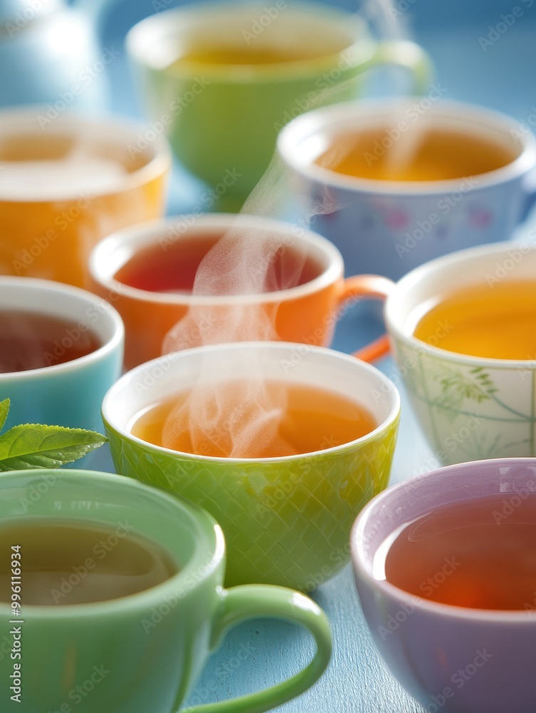 Colorful cups of steaming tea placed on a blue background. Colorful cups of steaming tea placed on a blue background.