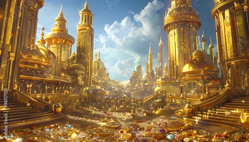 Gleaming City of Gold – A Mythical City Made Entirely of Gold, Shining Brightly Under a Clear Blue Sky