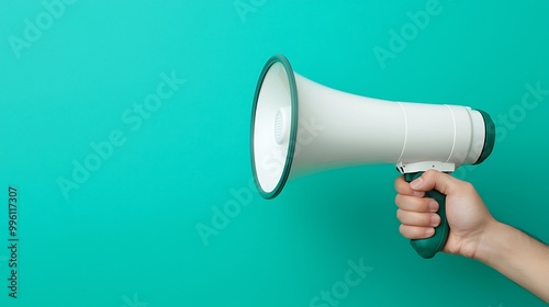 A close-up of a hand gripping a megaphone, with a smooth turquoise background emphasizing the powerful communication tool. This image is designed for a banner promoting new products, highlighting 