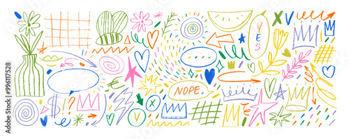 Collection of colorful summer doodles drawn with a crayon. Hand drawn childish doodle elements. Star, heart, arrows, crown, speech bubbles and summer motif pencil icons. Vector kids style illustration