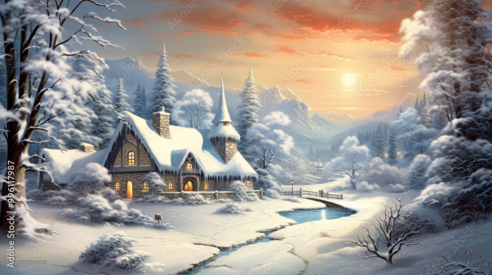 Fototapeta premium Snowy Christmas landscape illustration