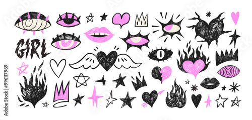 Crayon drawn eyes and hearts in punk girly style. Hand drawn doodle shapes and girl's stickers.