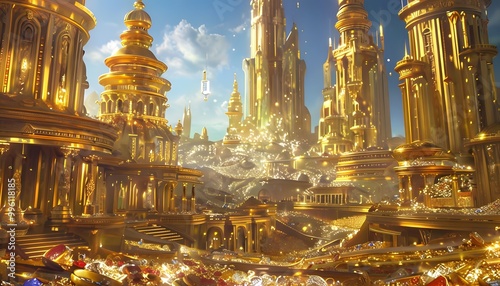 Gleaming City of Gold – A Mythical City Made Entirely of Gold, Shining Brightly Under a Clear Blue Sky