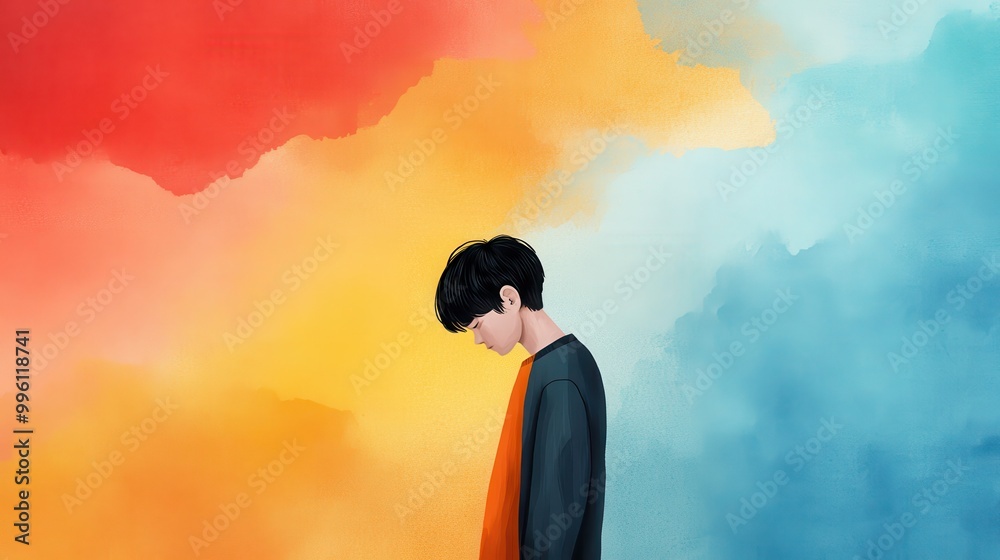 Contemplative youth with colorful background. Contemplative youth with colorful background.