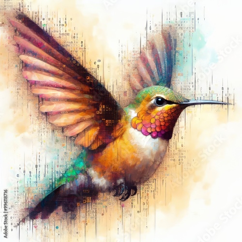 Watercolor Matrix Code A close up of a hummingbird its feathers photo