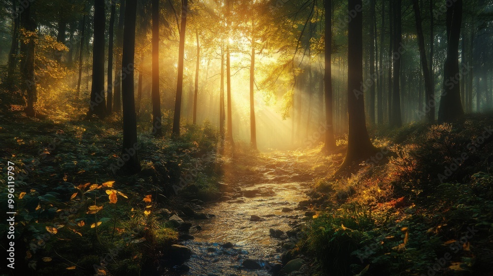 Fototapeta premium A magical forest path with sunbeams shining through the trees and a stream flowing through the middle.
