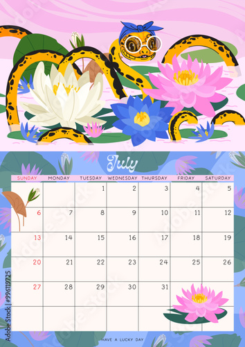 Vertical page calendar for July 2025 with yellow snake and water lilies. The symbol of the year of snake. Week starts on Sunday. Vector illustration flat cartoon style
