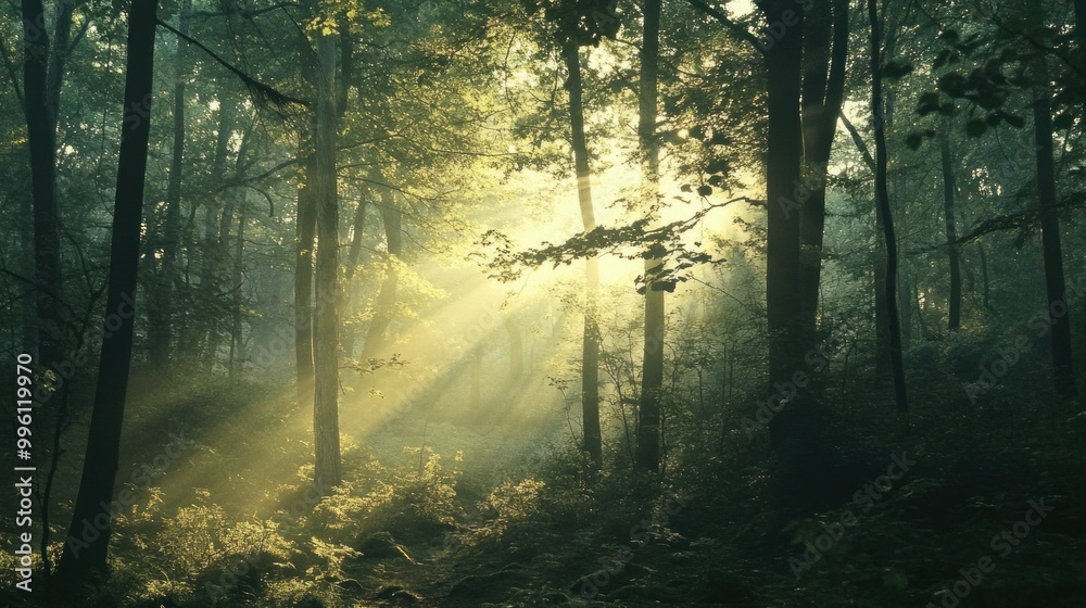 Fototapeta premium Sunlight Streaming Through Dense Forest Canopy
