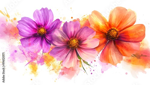 Pink and orange cosmos flowers with a watercolor splash on a white background, 