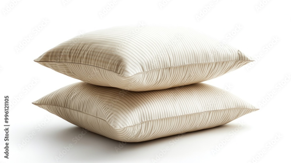 Two beige striped pillows stacked on top of each other on a white background. Two beige striped pillows stacked on top of each other on a white background.