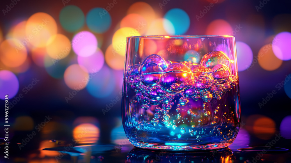 vibrant glass filled with colorful bubbles reflects magical atmosphere, creating captivating visual experience. interplay of light and color evokes sense of wonder and enchantment vibrant glass filled with colorful bubbles reflects magical atmosphere, creating captivating visual experience. interplay of light and color evokes sense of wonder and enchantment