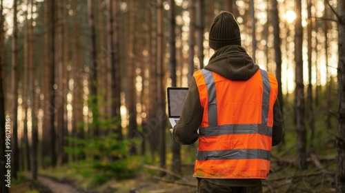 Fototapeta Naklejka Na Ścianę i Meble -  A worker wearing a high visibility vest holding a laptop, in a forest background
