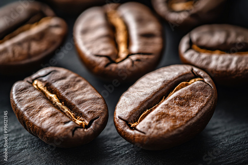 Closeup fresh roasted Arabian or aroma coffee beans background. Food pattern. Love organic coffee concept backdorp. Top view, flat lay with copy space for cafe advertising, package design photo