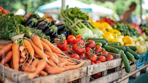 bright marketstyle scene featuring rows fresh fruits vegetables display Piles ripe tomatoes carrots cucumbers oranges presented wooden crates bustling market scene full life energy emphasizing abundan photo