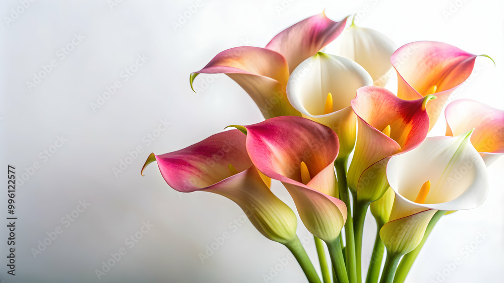 Close-up of Calla flowers on a clean white background, Calla lilies, white flowers, floral photography, botanical
