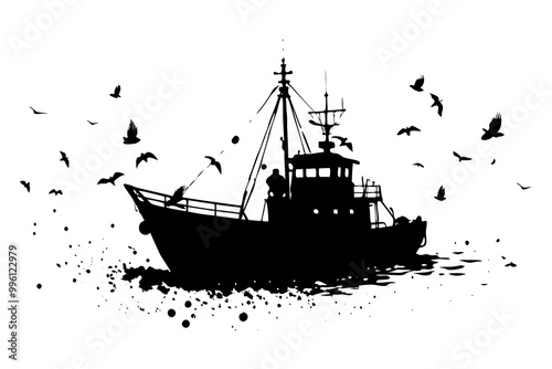 Fishing vessel boat silhouette vector illustration.