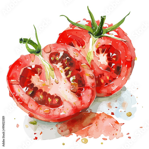 watercolor sliced tomato and water drops painting isolated on white, illustration of tomatoes on watercolor style painting, PNG format