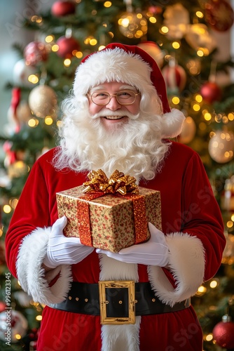 Cheerful Santa Claus holding a beautifully wrapped gift in front of a decorated Christmas tree