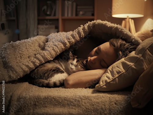 A sleeping woman and cat snuggled under a heavy blanket in a cozy bedroom.