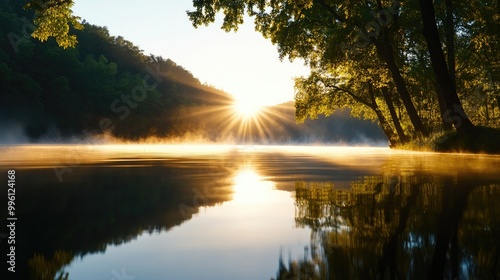 Wallpaper Mural A serene morning view of sunlight breaking through trees, reflecting on a calm lake with mist rising, creating a tranquil atmosphere. Torontodigital.ca