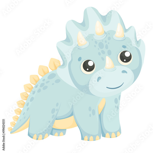 Cute baby Triceratops dino isolated on white background. The concept of dinosaur animals. Flat vector illustration on the theme of dinosaurs. Cartoon animals in simple style