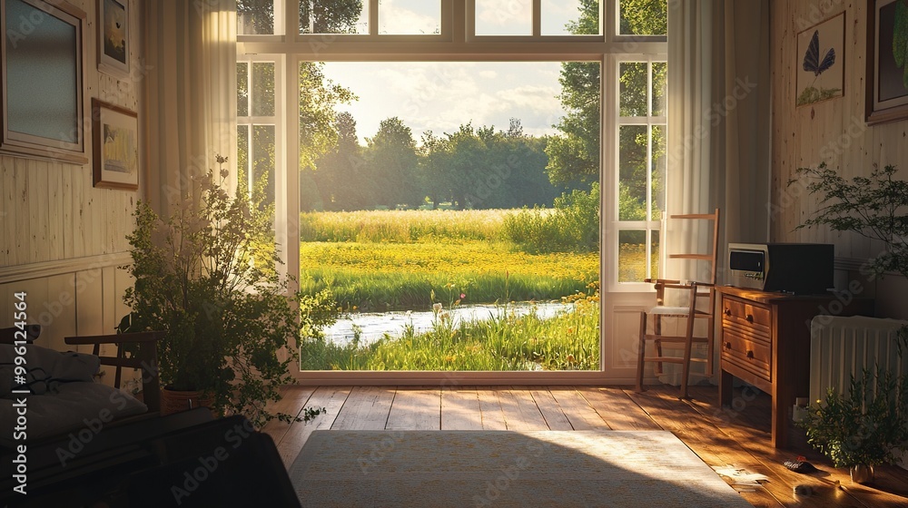 Obraz premium Cozy room with a scenic view of nature.