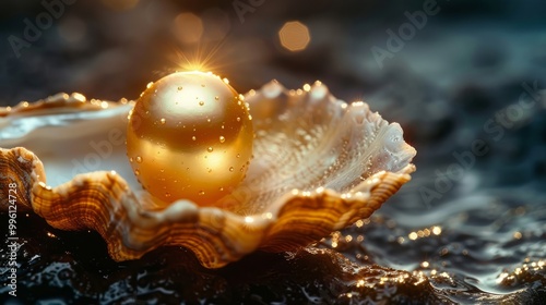 Nestled in a beautifully textured seashell, a golden pearl reflects morning light, creating a serene and enchanting coastal atmosphere photo