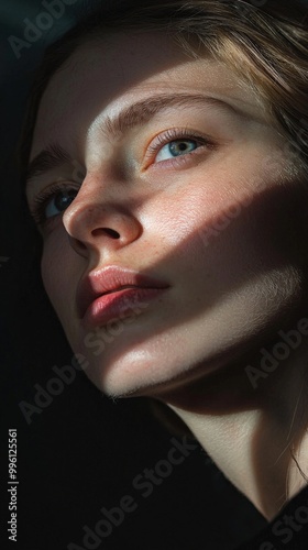 A high contrast vertical portrait of a woman with sharp shadows and bright highlights, her features dramatically defined