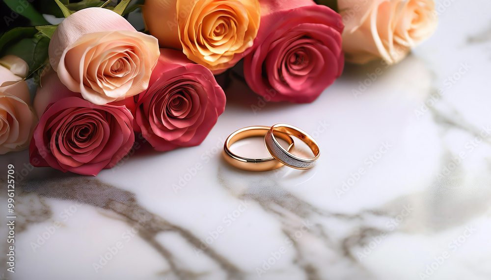 Elegant wedding rings placed beside beautiful roses on a marble surface. Elegant wedding rings placed beside beautiful roses on a marble surface.