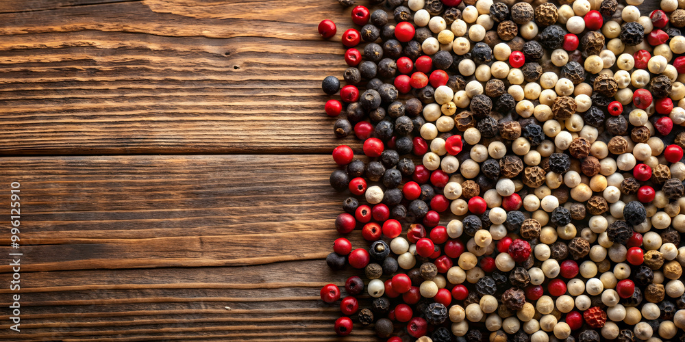 Black, red, white pepper peas on a wooden board. Top view. Place for writing, pepper, black pepper, red pepper, white pepper Black, red, white pepper peas on a wooden board. Top view. Place for writing, pepper, black pepper, red pepper, white pepper