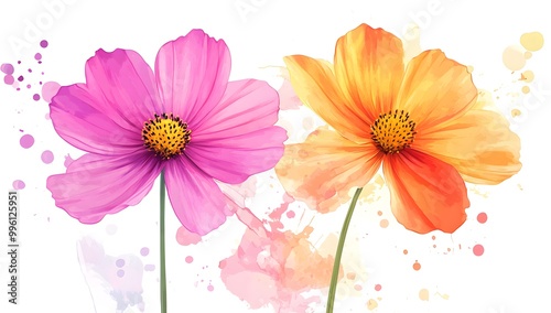 Pink and orange cosmos flowers with a watercolor splash on a white background, 