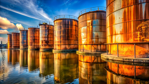 Rusty industrial tanks by water , abandoned, corroded, old, decay, industrial, rusty, metal, pollution, environment
