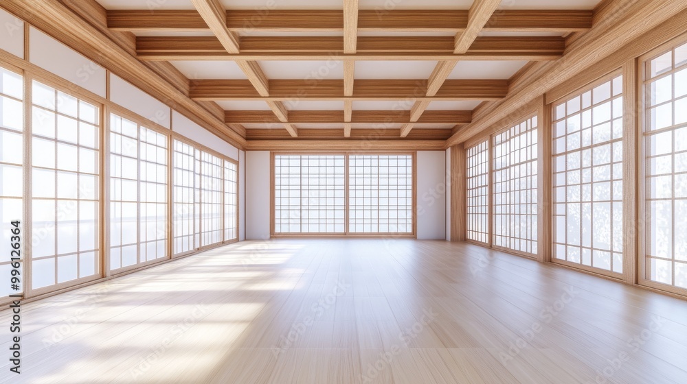 A clean, white, and empty wooden room. This is a 3D image of a Japanese-style room interior. A clean, white, and empty wooden room. This is a 3D image of a Japanese-style room interior.