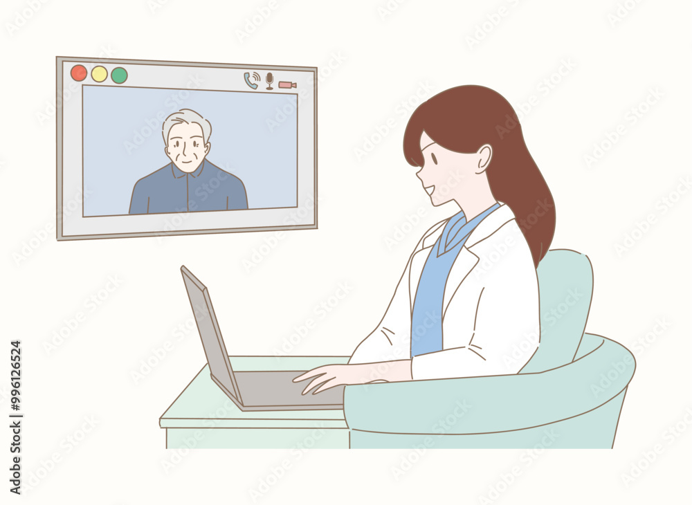 Doctor with laptop computer, having video call meeting with patient. Online doctor talking with elder on video call. Hand drawn flat cartoon character vector illustration. Doctor with laptop computer, having video call meeting with patient. Online doctor talking with elder on video call. Hand drawn flat cartoon character vector illustration.
