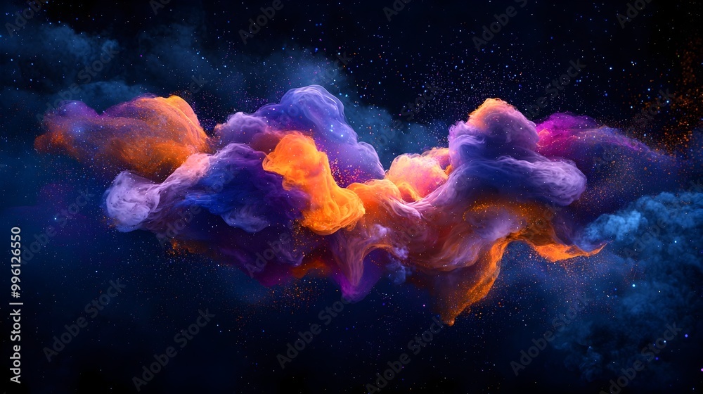Fototapeta premium Fluid Abstract Forms Interacting with Vibrant Particle Clouds in Dark Space 3D Digital Art Render