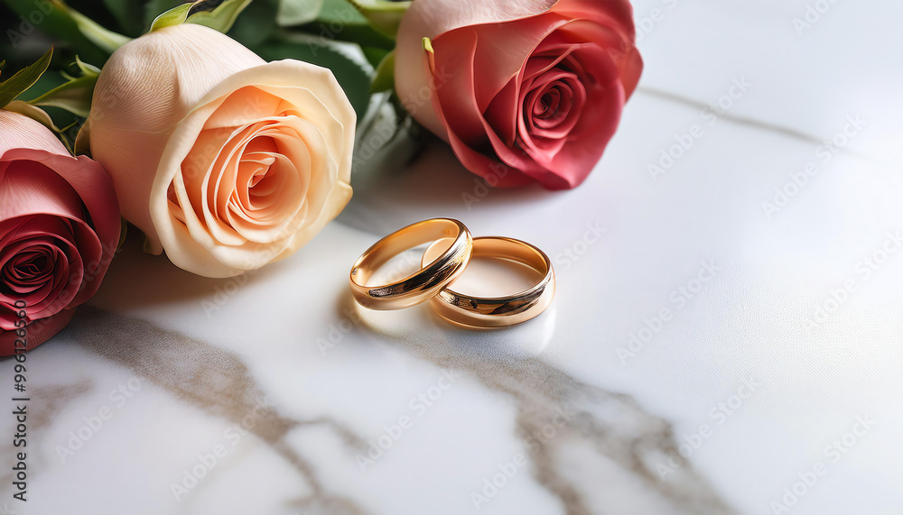 Gold wedding rings beside beautiful roses on a marble surface. Gold wedding rings beside beautiful roses on a marble surface.