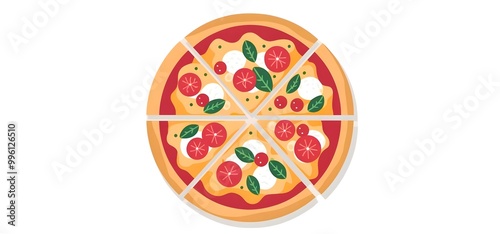 A pizza with plain white background,flat vector illustration generated by AI
