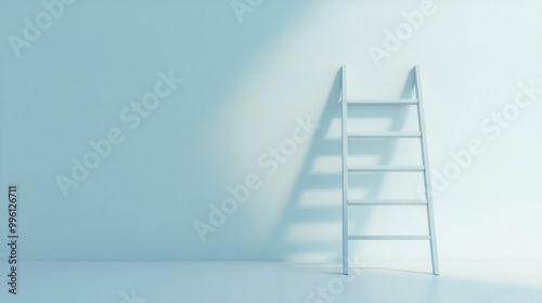 minimalist ladder leaning against soft blue wall creates serene and calming atmosphere. gentle shadows add depth to scene, enhancing its simplicity and elegance