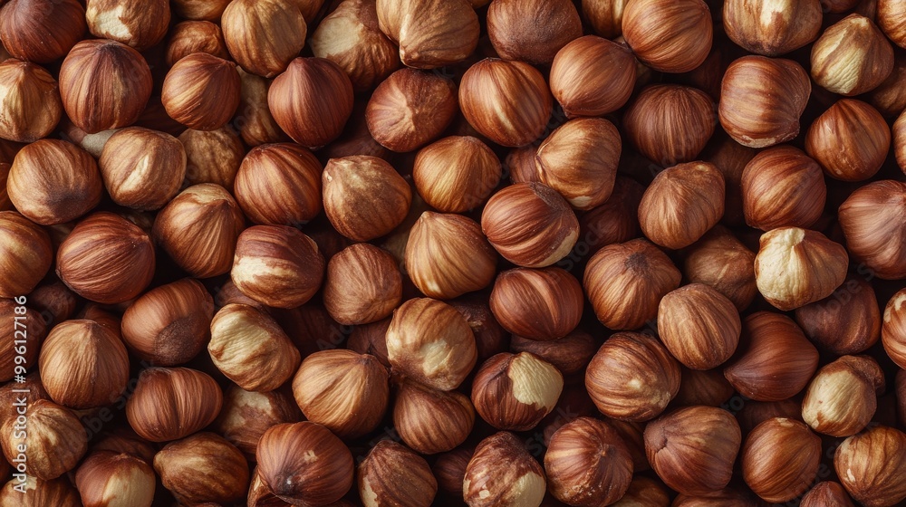 A close-up of roasted hazelnuts, seen from above. A close-up of roasted hazelnuts, seen from above.
