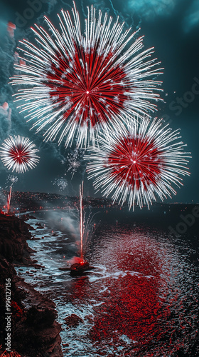 Wallpaper Mural Red and white fireworks over the sea, a dazzling fireworks display with colorful hues against a dark blue sky backdrop. Festive atmosphere Torontodigital.ca