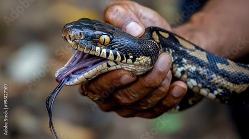 A person carefully holds a curious snake, revealing its intricate patterns and lively tongue in a tranquil natural setting filled with soft sunlight photo