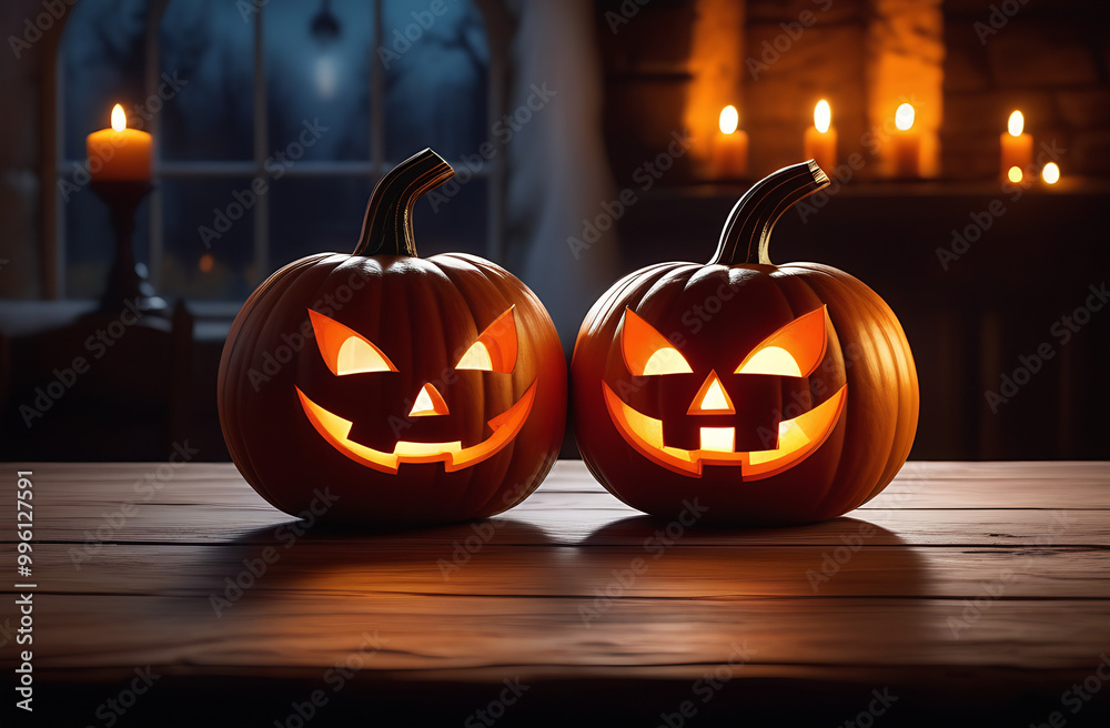 two carved smiling pumpkins on a wooden table against the background of a window and lit candles