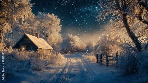 A snow-covered path leading to a charming cottage, framed by frosted trees under a starry sky.