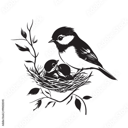 Mother bird and babies birds in nest illustration Stock Vector Image isolated on white background.