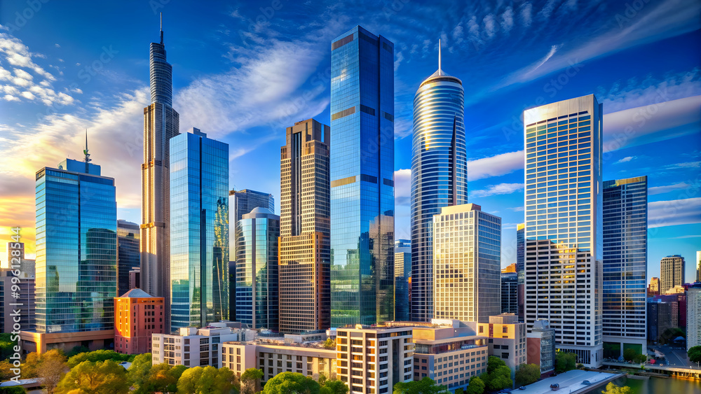 Fototapeta premium Modern skyscraper surrounded by a vibrant city skyline with a clear blue sky , Real estate, property